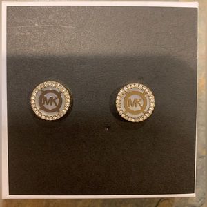 Beautiful mother of pearl/gold circle with diamonelle detail MK earrings.